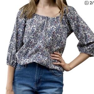 J. Crew Liberty Fabrics Blue and White Patterned Poets Blouse